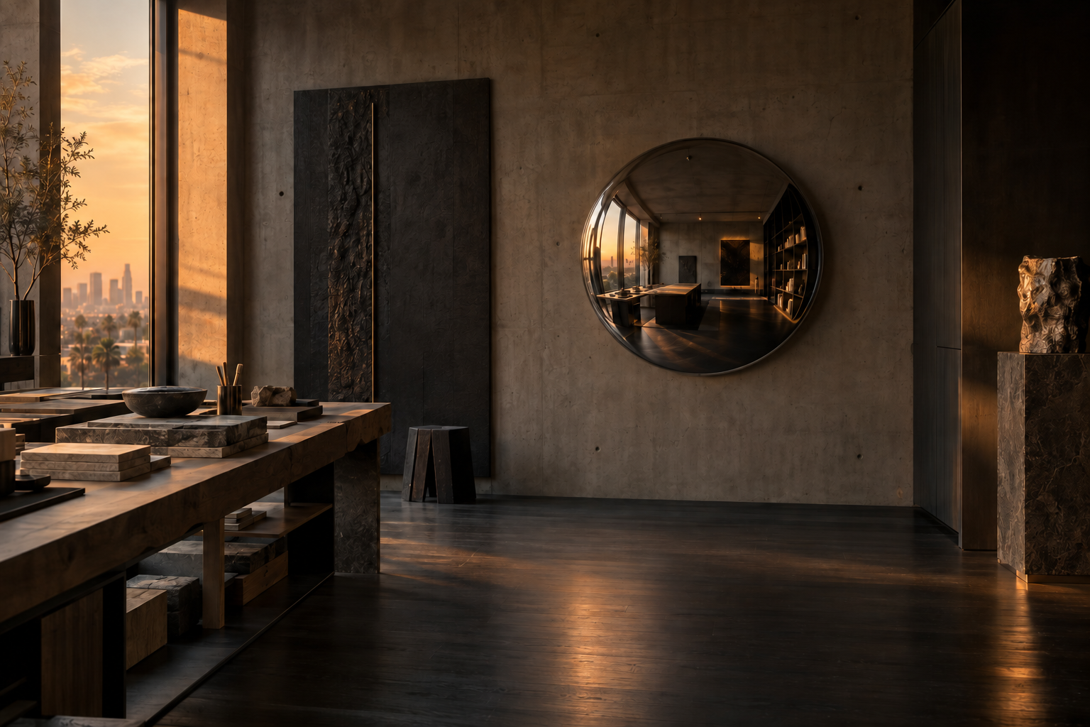 An original architectural study: a sunlit workshop and a circular mirror reflecting the room beyond.